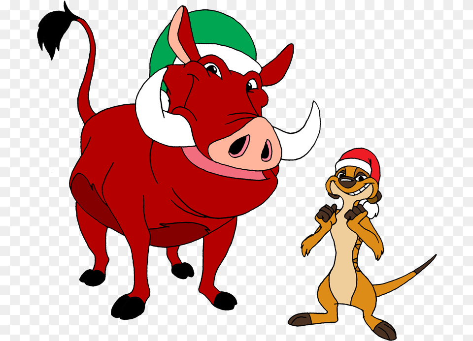 Timon And Pumbaa Wearing Christmas Hat Lion King Christmas, Baby, Person, Animal, Bull Free Png Download