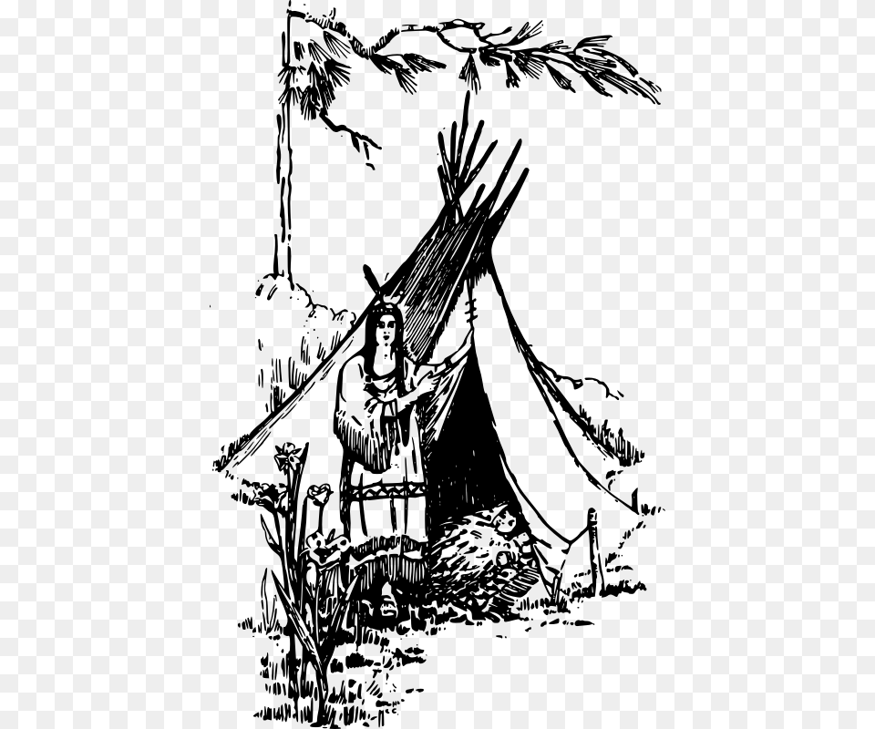 Tipi And Woman Illustration, Gray Free Png Download