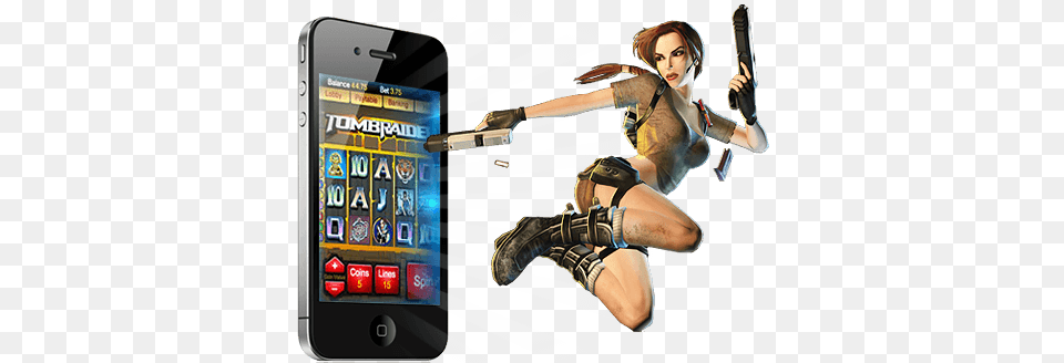 Tomb Raider Mobile Slots Tomb Raider Slot, Adult, Electronics, Female, Mobile Phone Free Png