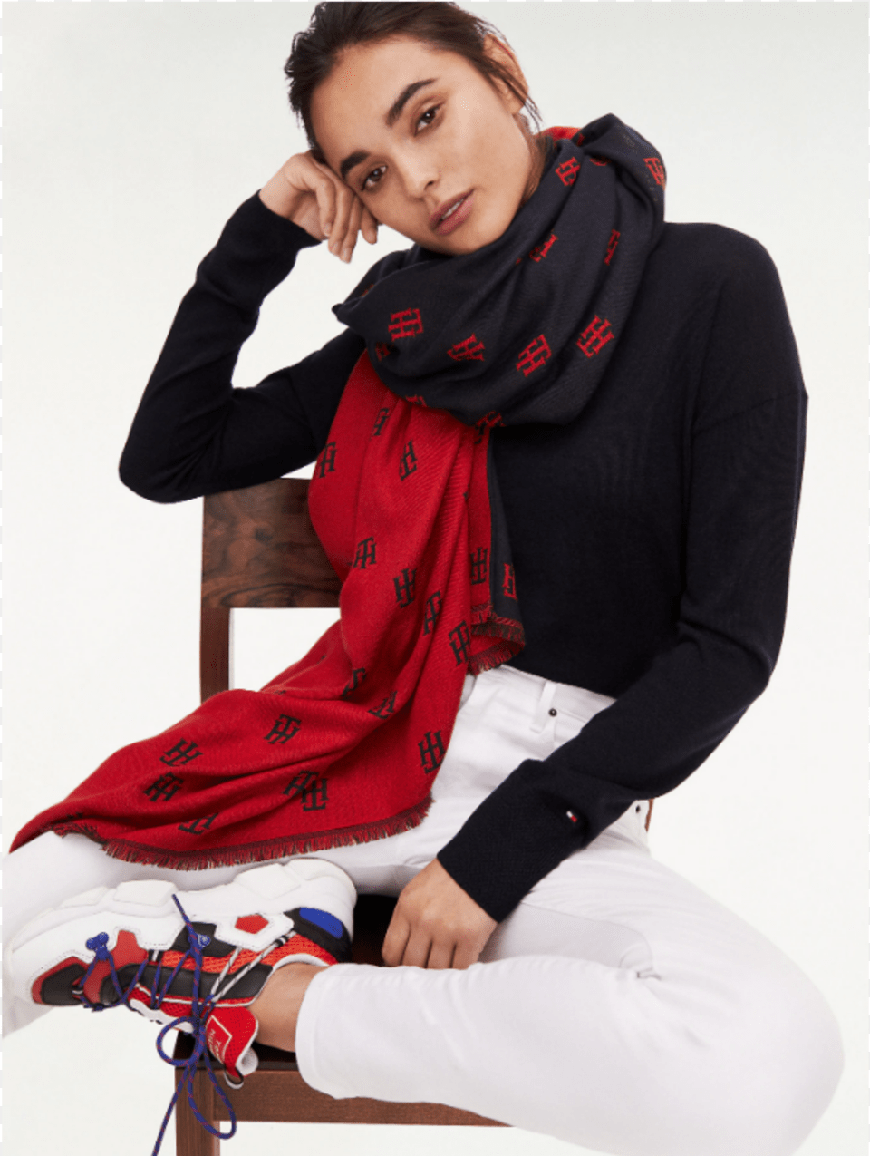 Tommy Hilfiger Monogram Jacquard Scarf Sitting, Clothing, Adult, Person, Woman Free Png
