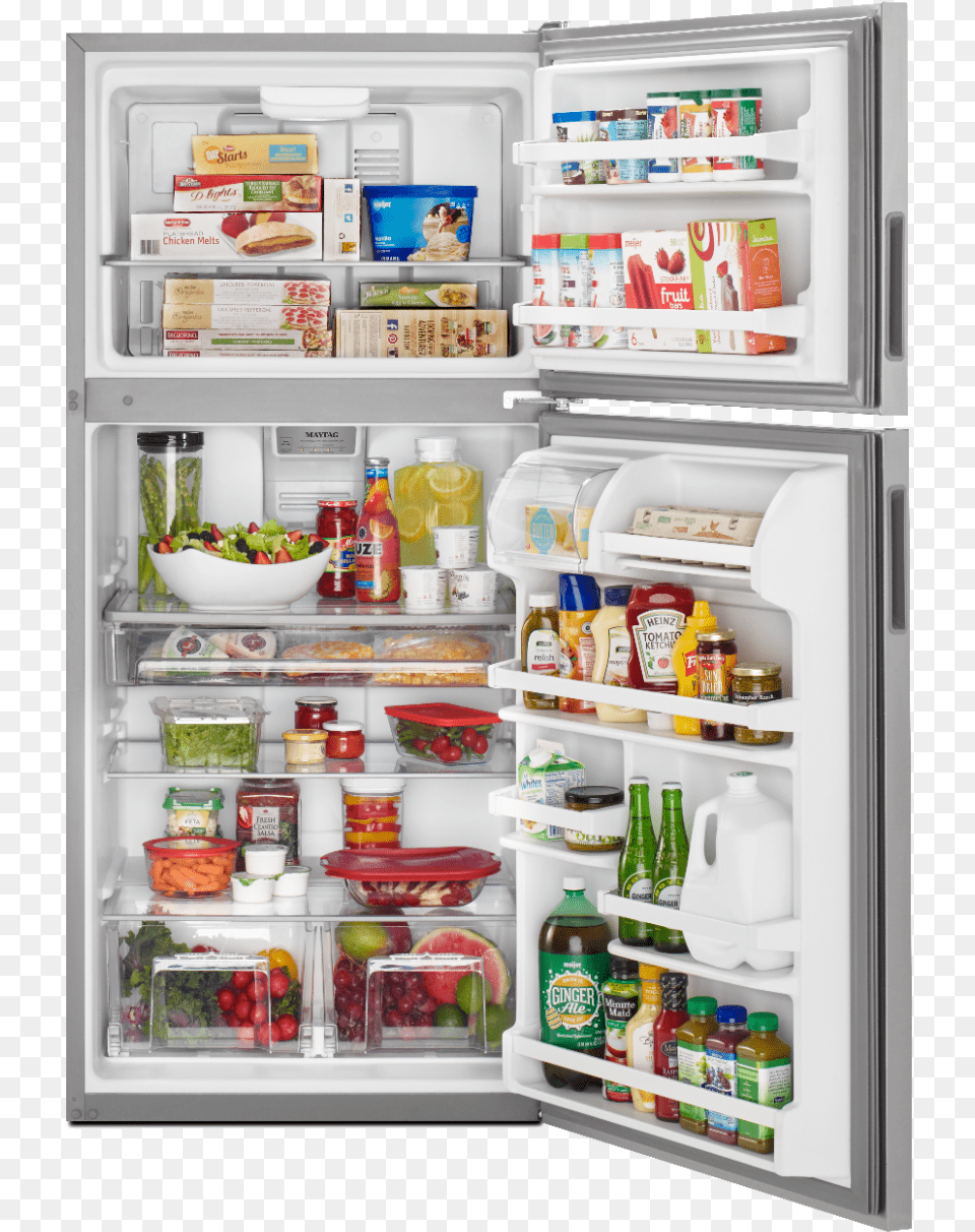 Top Freezer Refrigerator Stocked With Food Organizing A Top Freezer Refrigerator, Appliance, Device, Electrical Device, Burger Free Png