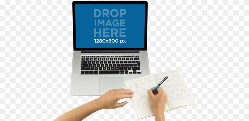 Top Shot Macbook Mockup Featuring A Woman Writing Document, Pen, Computer, Electronics, Laptop Free Png