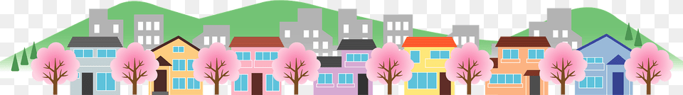 Town With Cherry Blossoms Clipart, Art, City, Graphics, Neighborhood Png Image