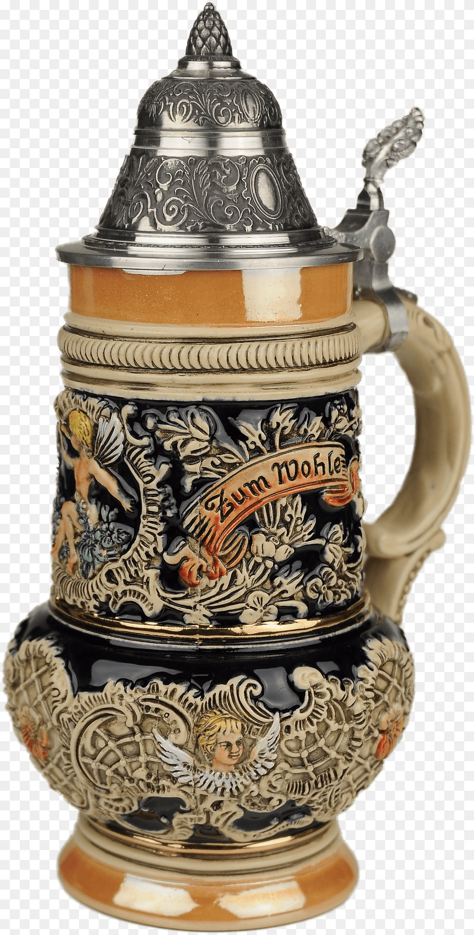 Traditional German Beer Mug Beer Stein By King Thewalt 1894 Rokoko Angel Relief, Cup, Bottle, Pottery, Shaker Png Image