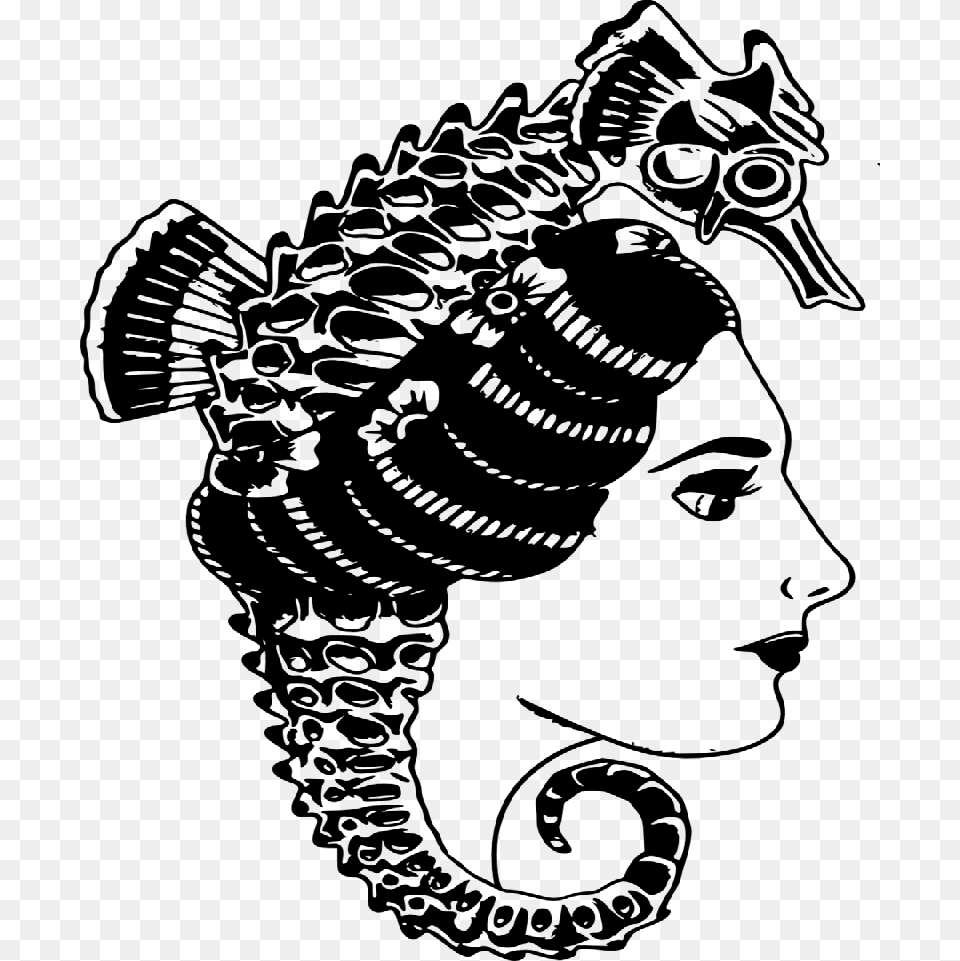 Traditional Old School Girl And Seahorse In Her Hair Cool Old School Tattoos Black And Grey, Gray Free Png