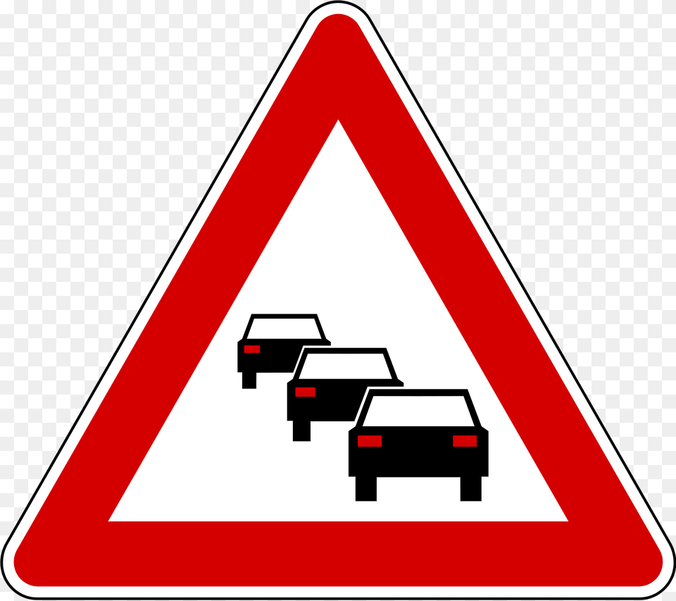Traffic Queues Likely Ahead Sign In Slovenia Clipart, Symbol, Road Sign, Triangle, Dynamite Free Transparent Png
