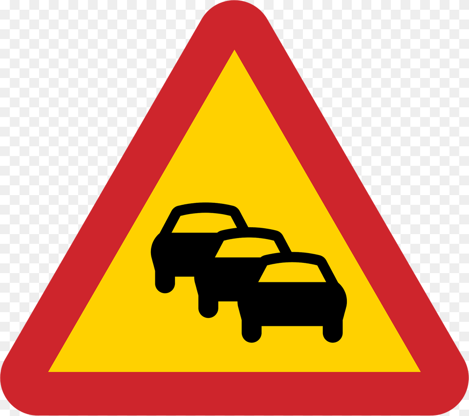 Traffic Queues Likely Ahead Sign In Sweden Clipart, Symbol, Road Sign, Vehicle, Transportation Png Image