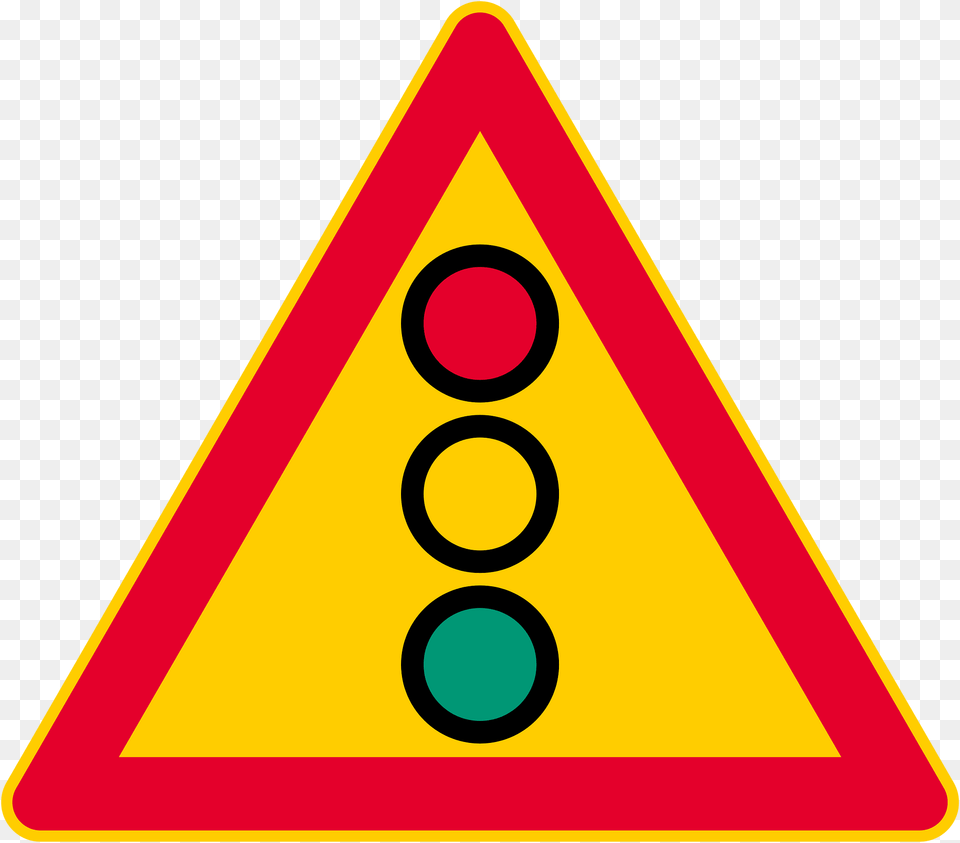 Traffic Signals Ahead Sign In Finland Clipart, Light, Symbol, Triangle, Traffic Light Png Image