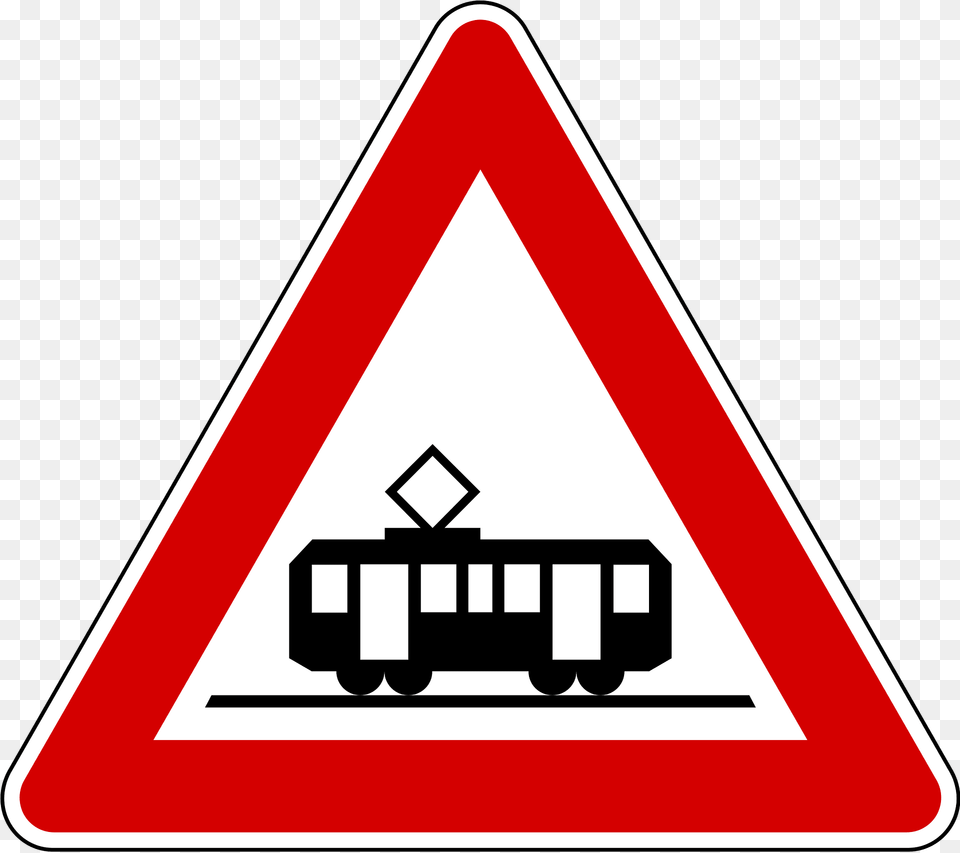 Tram Crossing Sign In Slovenia Clipart, Symbol, Road Sign, Machine, Wheel Png Image