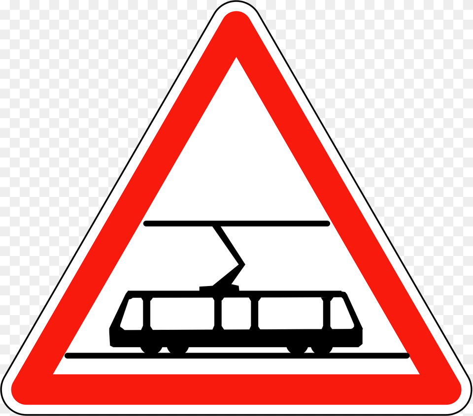 Trams Crossing Ahead Clipart, Sign, Symbol, Road Sign, Machine Png Image