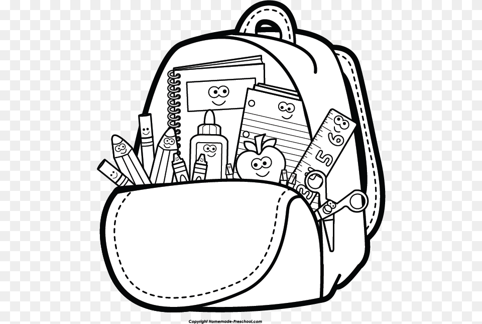 Transparent Backpack Clipart School Supplies Clipart Black And White, Bag, Accessories, Handbag, Ammunition Png Image