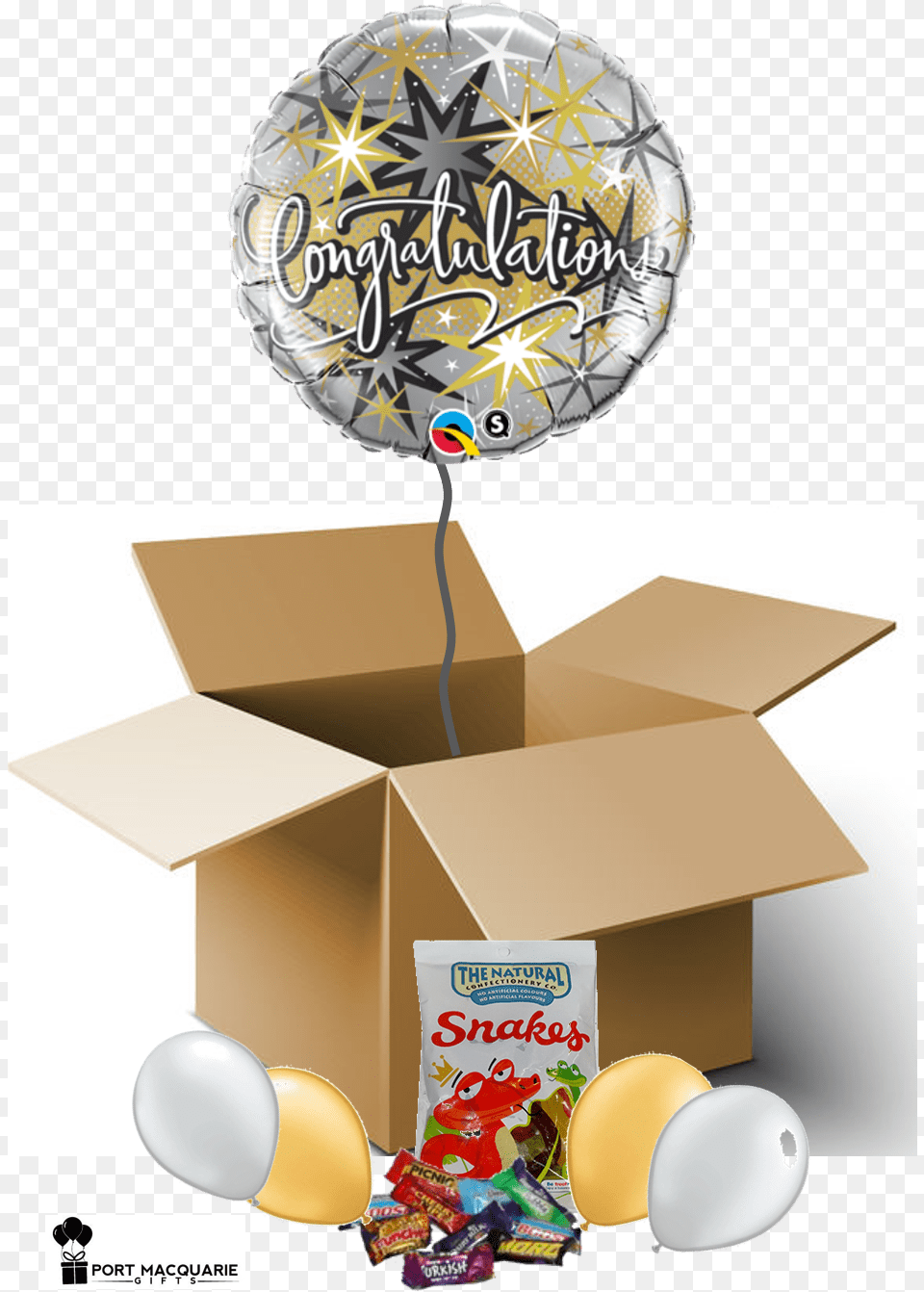 Transparent Black And Gold Balloons Congratulations Foil Balloons, Box, Balloon, Cardboard, Carton Png Image