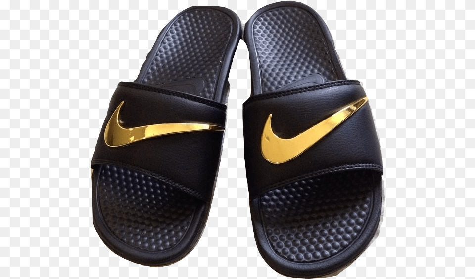 Transparent Black Swoosh Gold Black Nike Sandals, Clothing, Footwear, Sandal, Shoe Free Png
