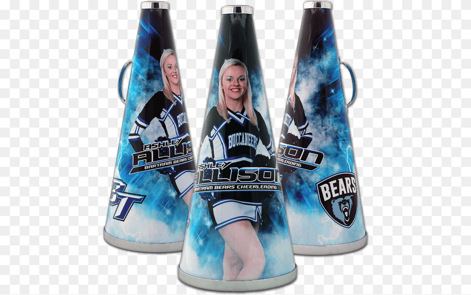 Transparent Cheerleading Megaphone And Poms Clipart Beer Bottle, Adult, Person, Hat, Female Free Png