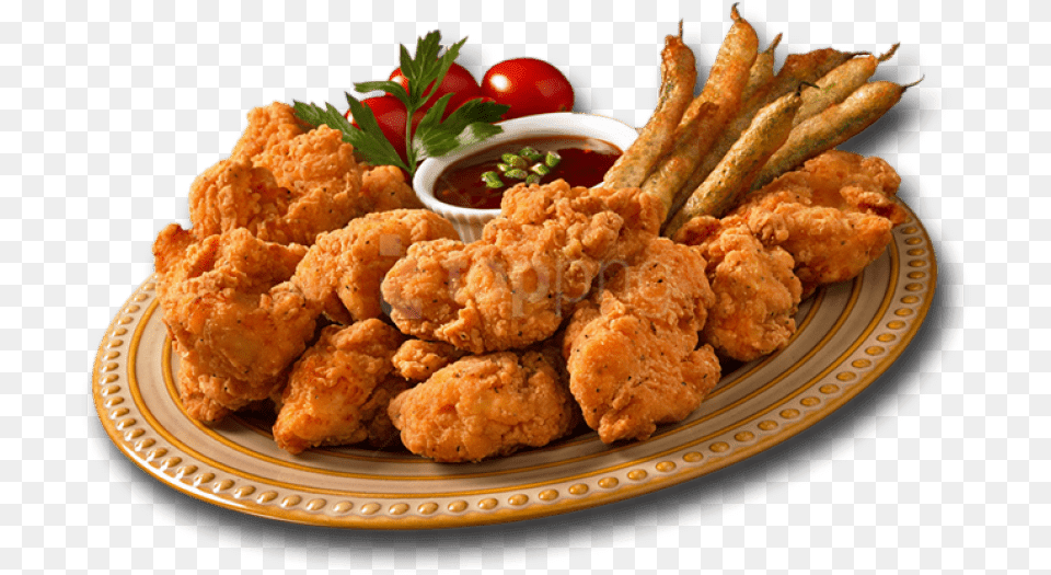 Transparent Cooked Steak Clipart Fried Chicken Plate, Food, Fried Chicken, Nuggets, Dining Table Png Image