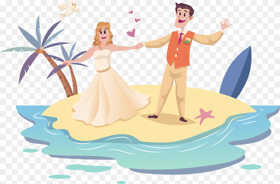 Cute Couple Wedding Couple Cartoon Beach, Boy, Person, Child, Male Free Transparent Png