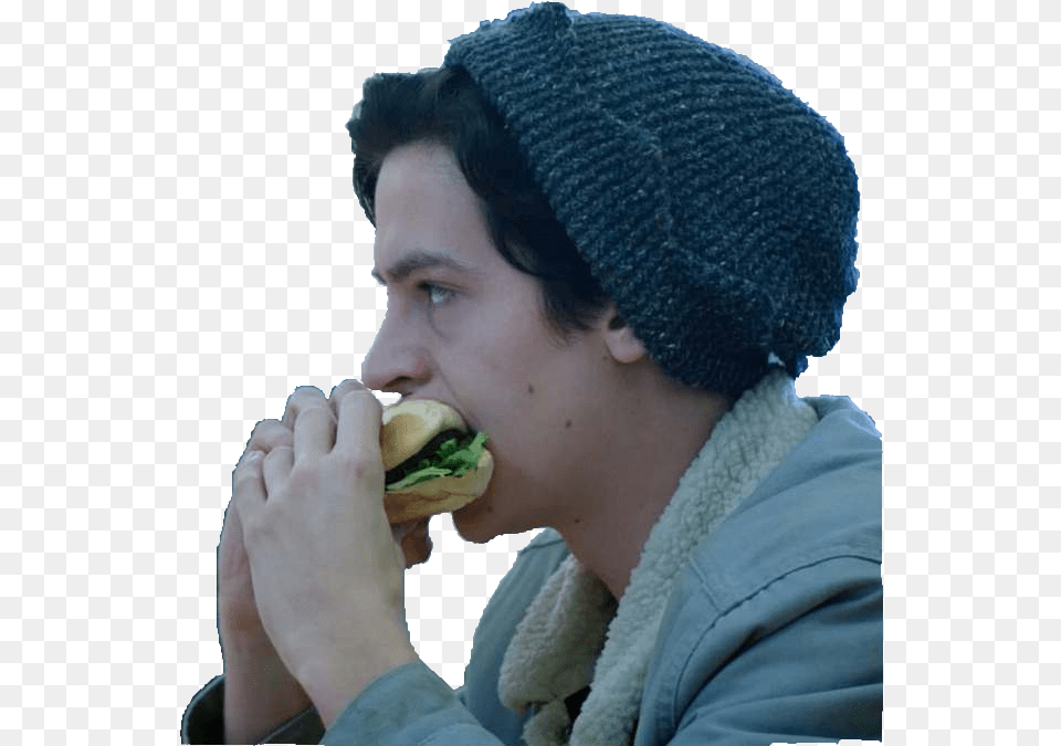Transparent Cw Riverdale Jughead Eating A Burger Definitely Cole Sprouse Eating A Burger, Adult, Male, Man, Person Png Image