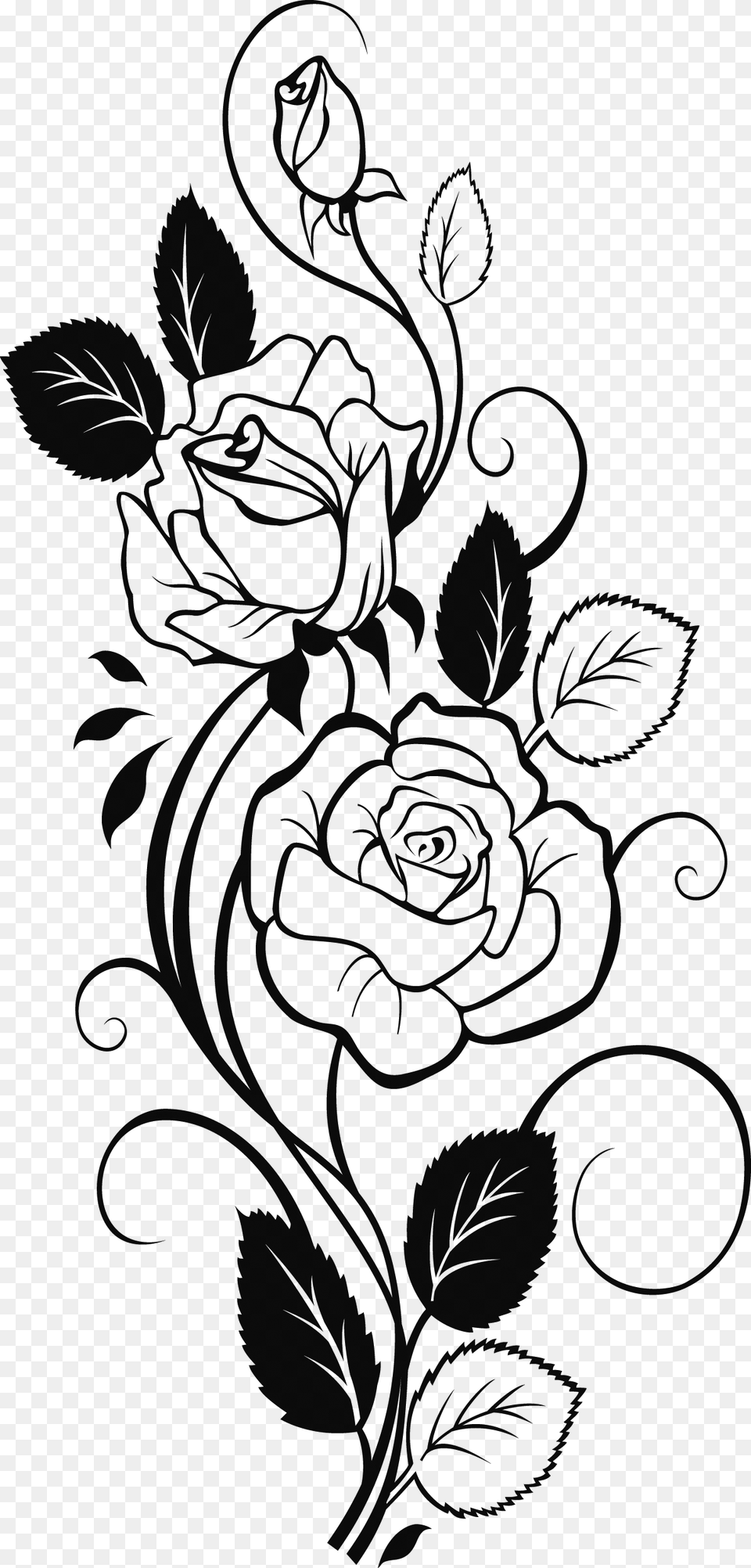 Rose Clipart Black And White Rose With Vines Drawing, Gray Free Transparent Png