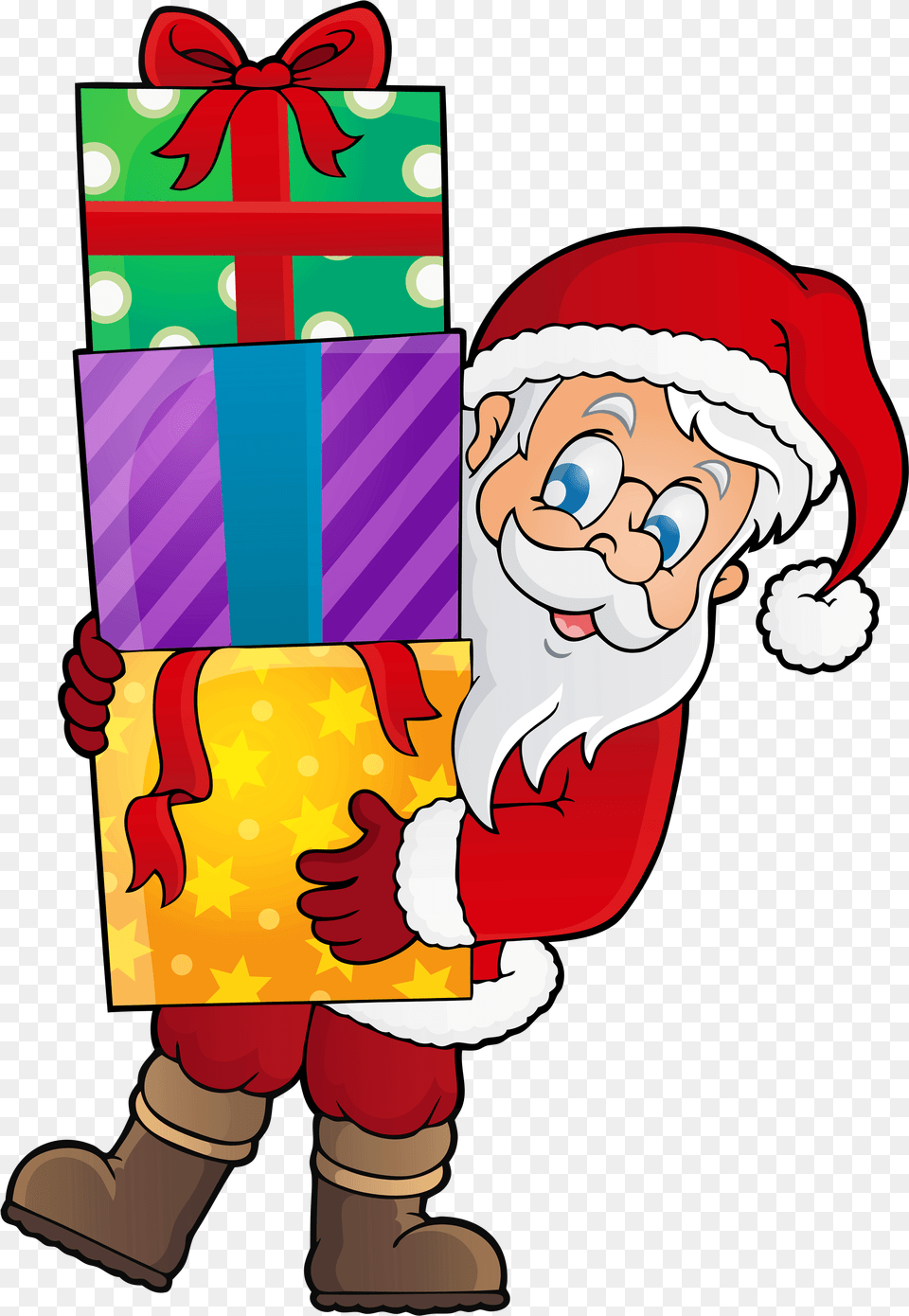 Transparent Santa With Presents Clipart Clip Art Santa And Presents, Baby, Person, Face, Head Free Png