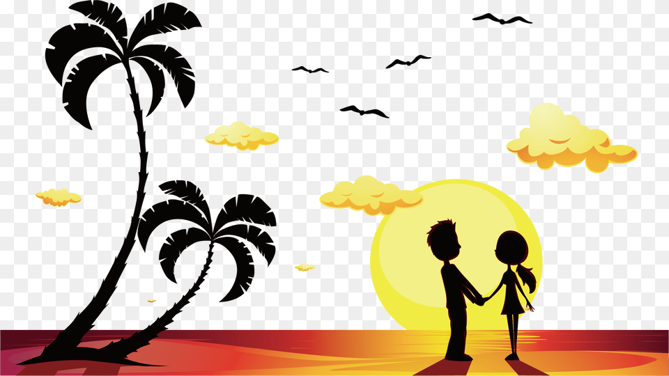 Transparent Sun Beach Clipart Couple Silhouette In The Beach, Person, Art, Animal, Bird Free Png