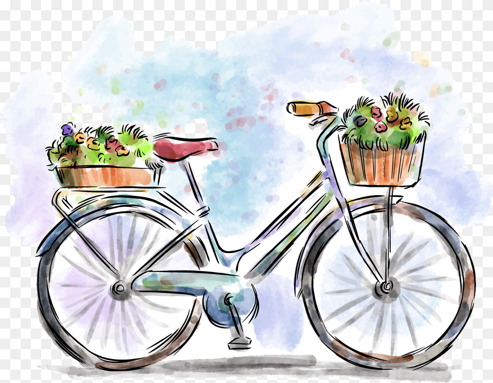 Transparent Tire Tracks Vector Watercolor Bicycle With Flowers, Art, Graphics, Potted Plant, Plant Free Png Download