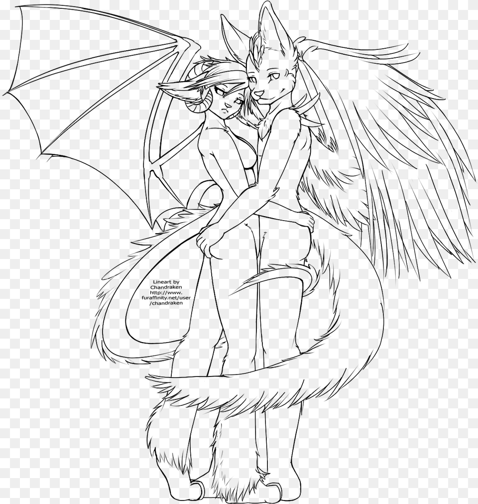 Transparent To Use Demon Amp Angel Lineart Angel And Demon Lineart, Gray Png Image