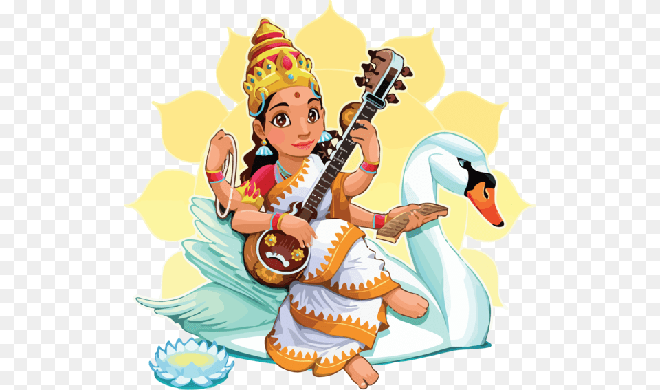 Vasant Panchami Cartoon Musical Instrument Hindu Goddess, Baby, Person, Face, Head Free Transparent Png
