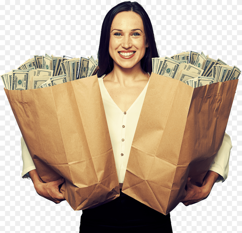 Transparent Woman Holding Money Grocery Bag Full Of Money, Adult, Female, Person, Face Free Png
