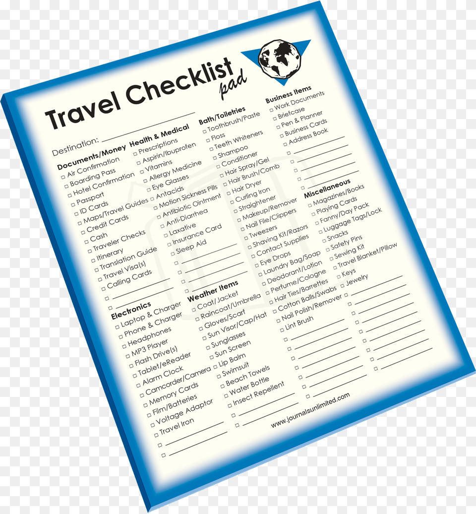Travel Checklist Notepad Telecommunications Network, Page, Text, Menu Free Png