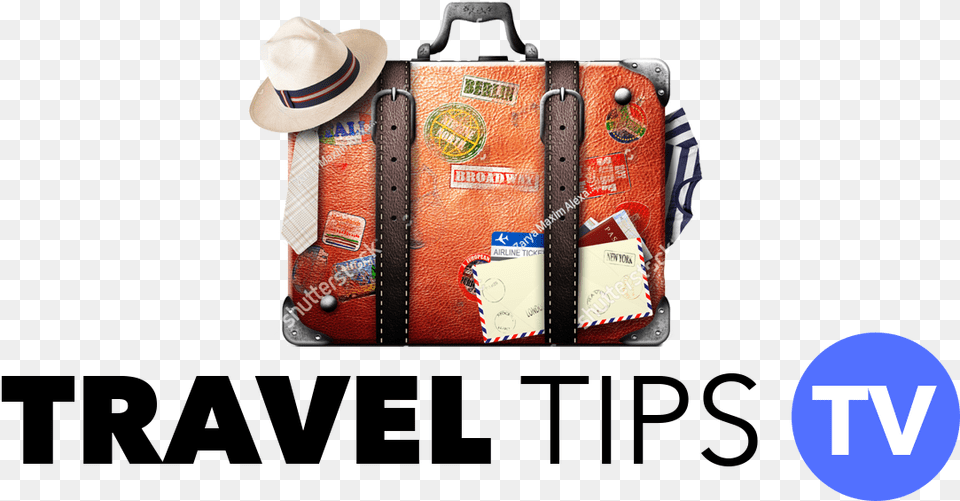 Travel Tips Tv Retro Suitcase Of A Traveler With Travel Stickers, Clothing, Hat, Bag, Sun Hat Free Png