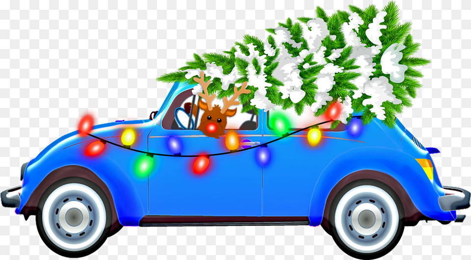 Tree Christmas Rudolph Reindeer Ligths Blue Car Car Christmas Tree Transparent, Vehicle, Transportation, Wheel, Machine Free Png Download