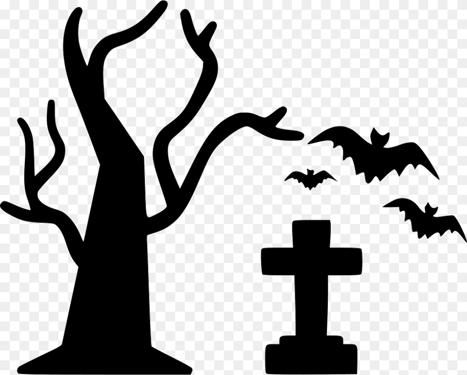 Tree Grave Halloween Clipart Bats And Spiders, Silhouette, Animal, Bird, Cross Free Png Download