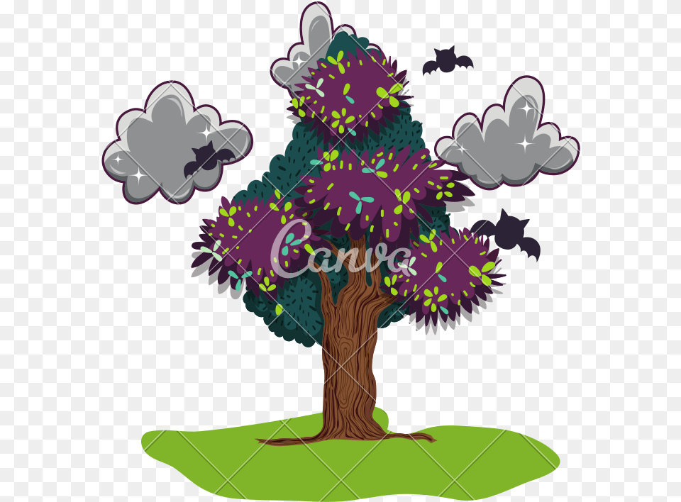 Tree Leaves With Dark Clouds And Bats Icons By Canva Vector Graphics, Plant, Woodland, Vegetation, Purple Png