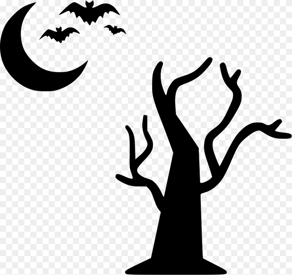 Tree Moon Bats Flying Halloween Night Halloween Spider White, Silhouette, Stencil, Animal, Bird Free Png Download