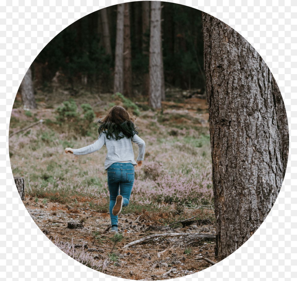 Tree Planting 03 Girl Running In The Woods, Tree Trunk, Pants, Photography, Jeans Free Png Download