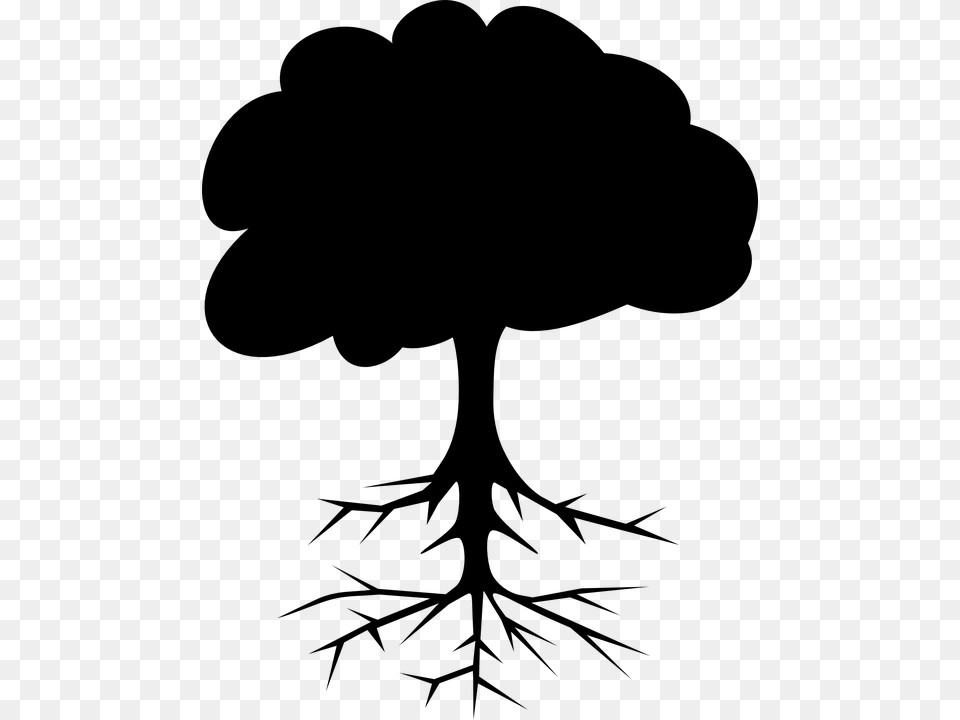 Tree Roots Stem Leaves Crown Silhouette Black Tree Clip Art, Gray Png