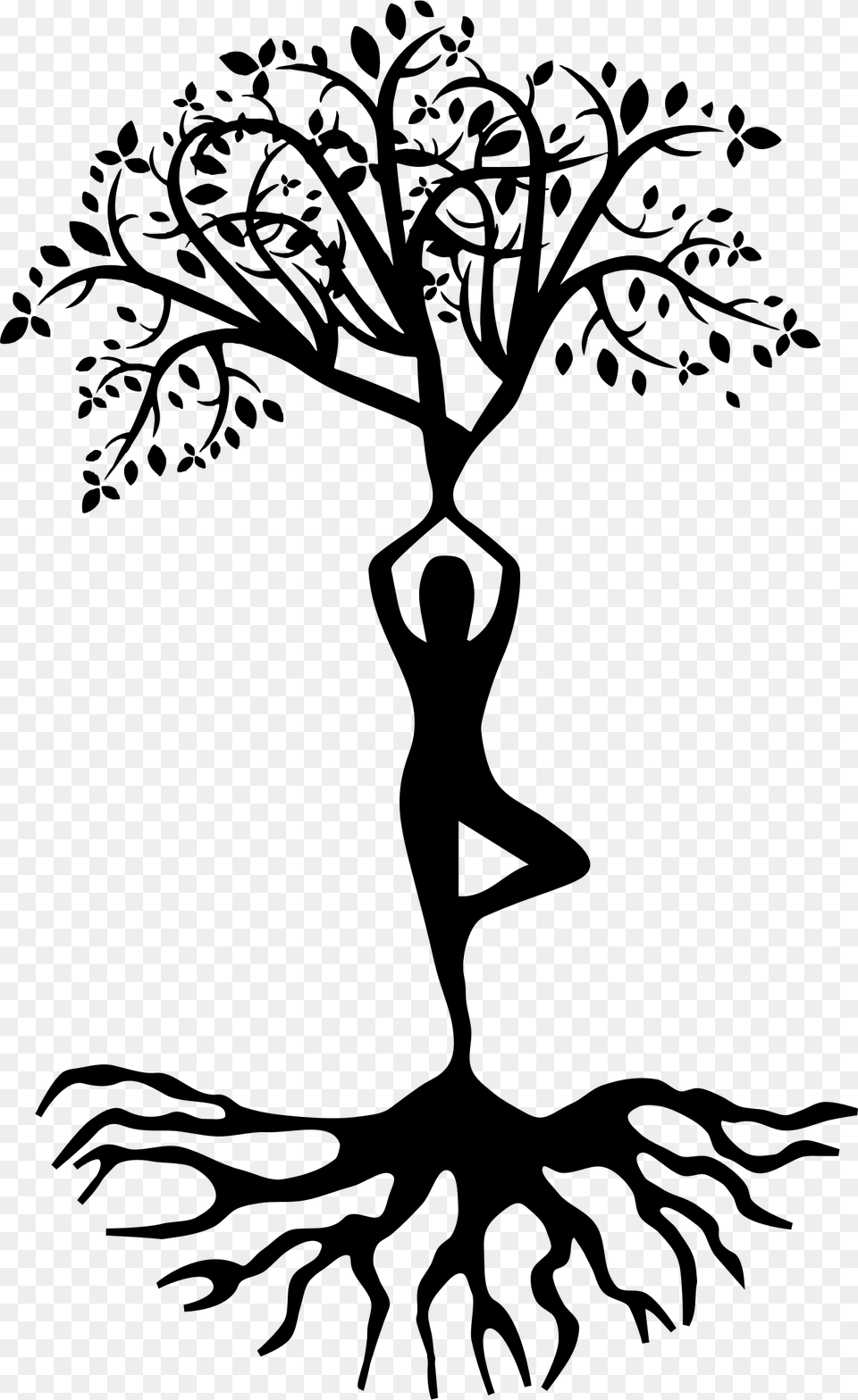 Tree With Roots Silhouette Clipart Yoga Tree Pose, Gray Png Image