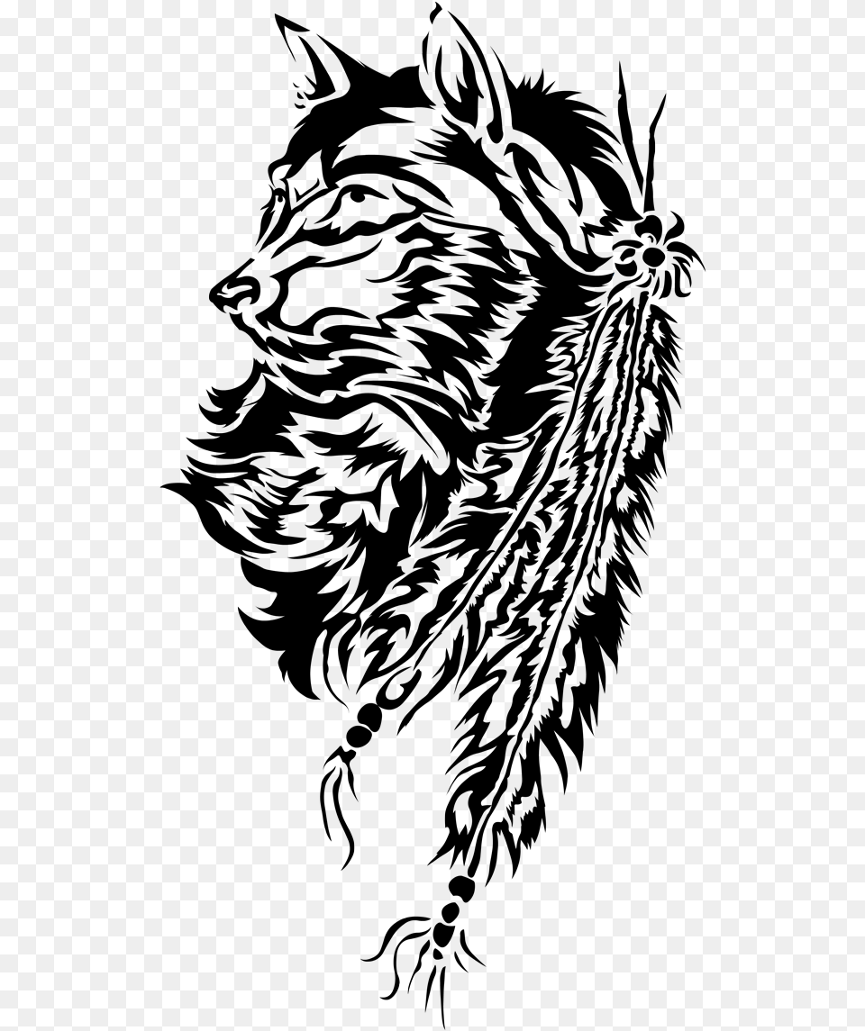 Tribal Wolf And Feathers By Starlightsmarti D6u8p13 Wolf And Tribal Feather, Nature, Night, Outdoors, Astronomy Png