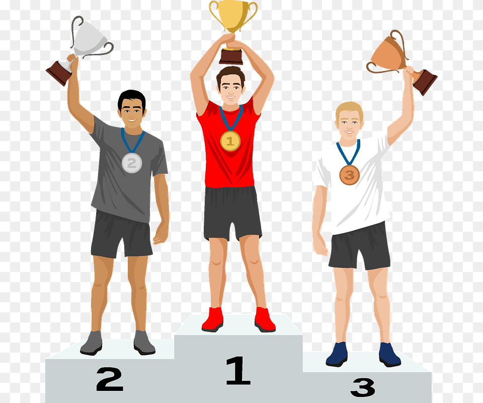 Trophy Medals And Podium For 3 Winners Clipart, Clothing, Shorts, Person, People Free Png Download