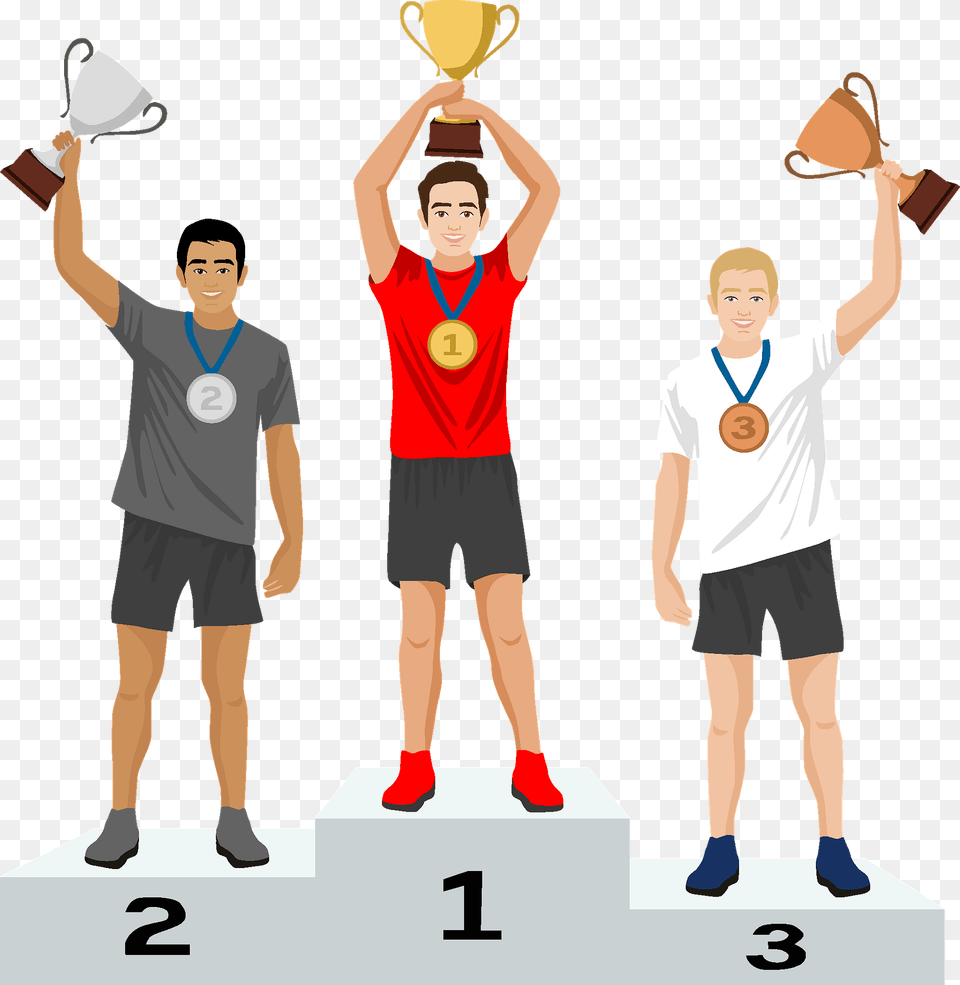 Trophy Medals And Podium For 3 Winners Clipart, Shorts, Clothing, Person, People Free Png Download