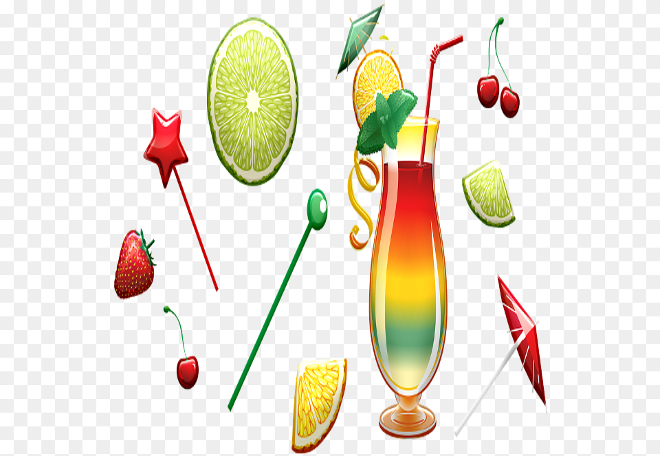 Tropical Drink Cocktail Lemon Lime Umbrella Strawberry, Food, Produce, Plant, Citrus Fruit Png Image