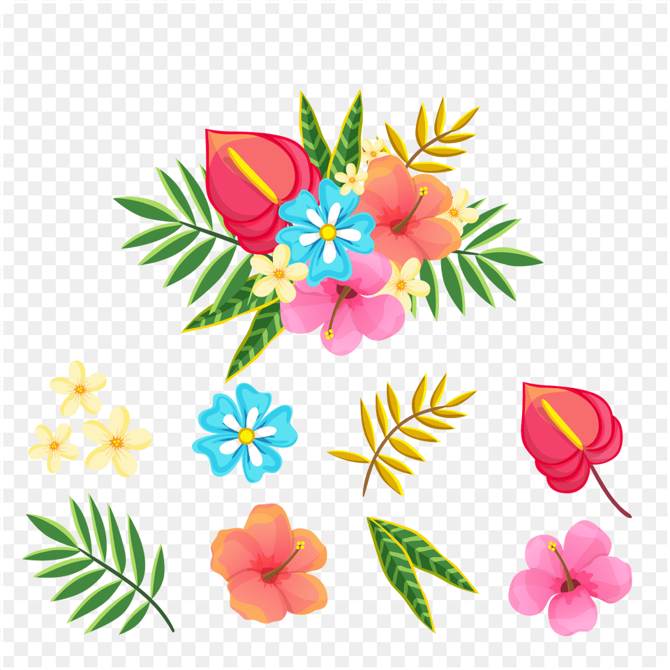 Tropical Flower And Leaf Vector Tropical Leaves Vector, Art, Floral Design, Graphics, Pattern Free Png Download