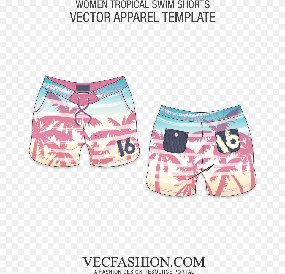 Tropical Swim Shorts Vector Template Board Shorts Women Flat Sketch, Clothing, Swimming Trunks Png