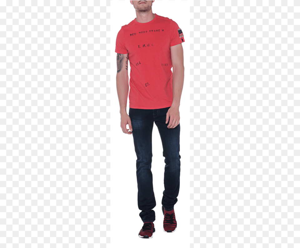 True Religionoverdyed Red Printed T Shirt With Logo Standing, T-shirt, Pants, Clothing, Male Free Png