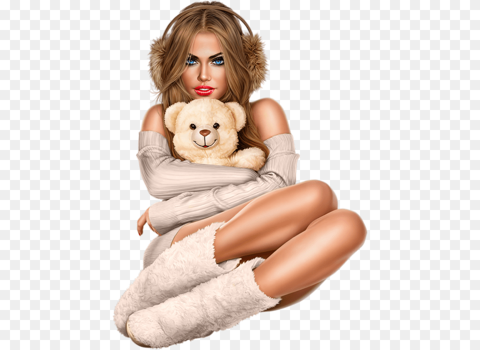 Tube Hiver Femme Ours Woman With Teddy Bear, Adult, Female, Person, Toy Png Image