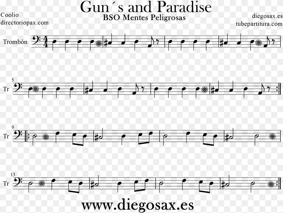 Tubescore Sheet Music Gun S Paradise For Trombone Partitura Coolio Gangsta Paradise, Gray Png Image