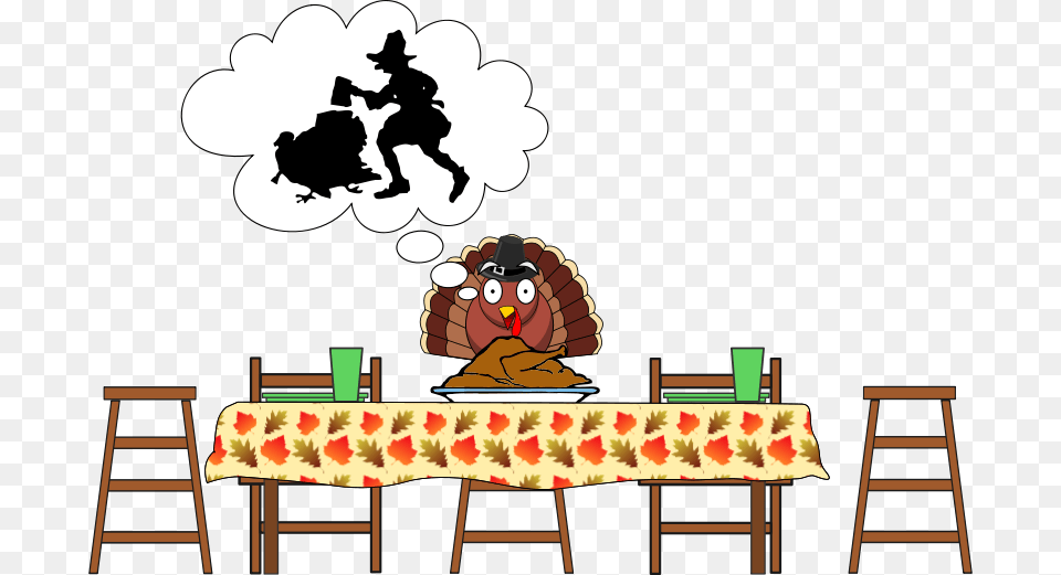 Turkey Scared Turkeyhappy Thanksgiving Thanksgiving Dinner Table Clipart, Dining Table, Furniture, Person, Cafeteria Free Png