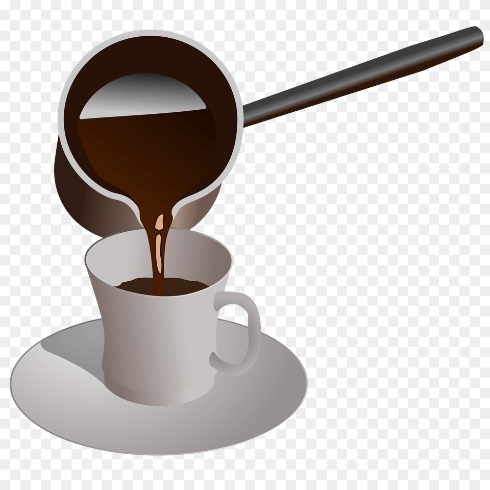 Turkish Coffee Being Poured Into A Cup On A Saucer Clipart, Cutlery, Spoon, Smoke Pipe, Beverage Free Transparent Png