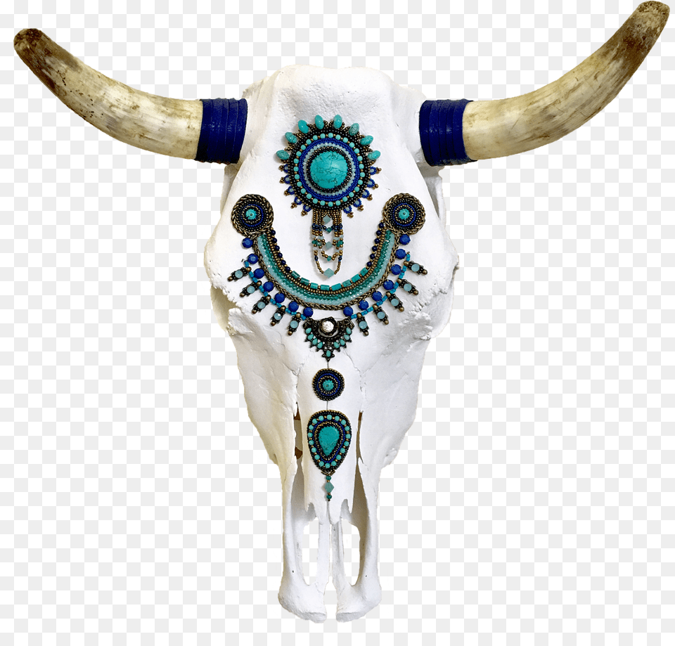 Turquoise And Royal Blue Beaded Cow Skull Animal Figure, Accessories, Bull, Mammal, Cattle Png Image