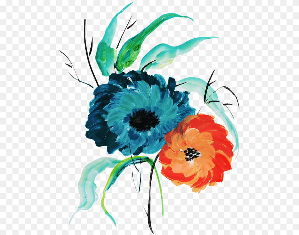 Turquoise Orange Watercolor Flowers, Pattern, Art, Graphics, Floral Design Free Png